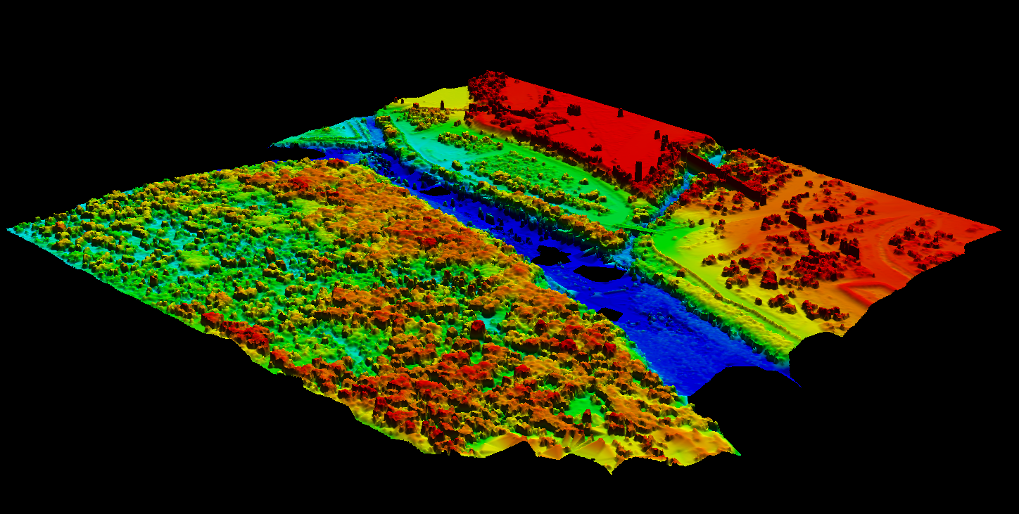 Modelo digital de terreno con nube de puntos densa mostrando topografía bajo vegetación